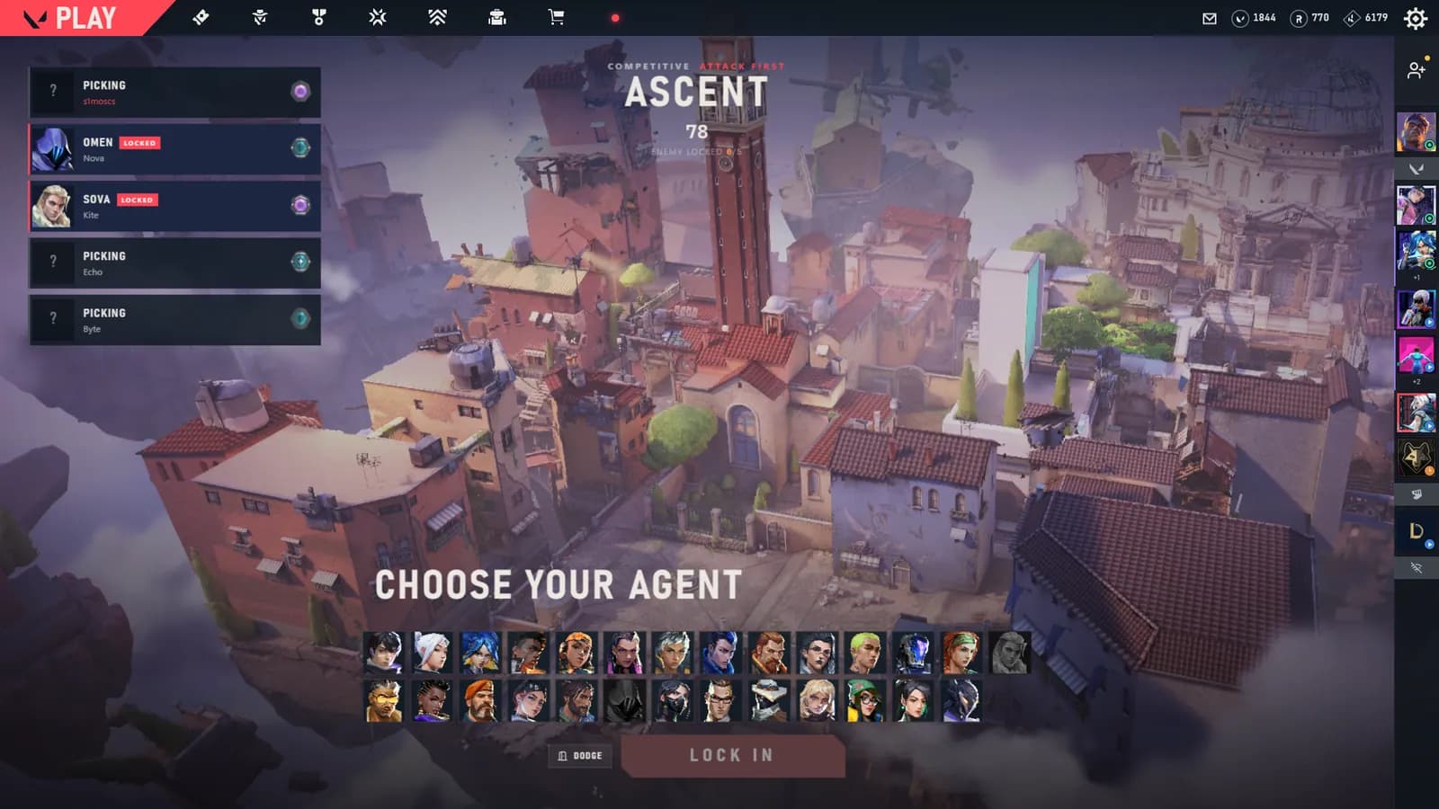ValoShell agent select on Ascent with the team's picks