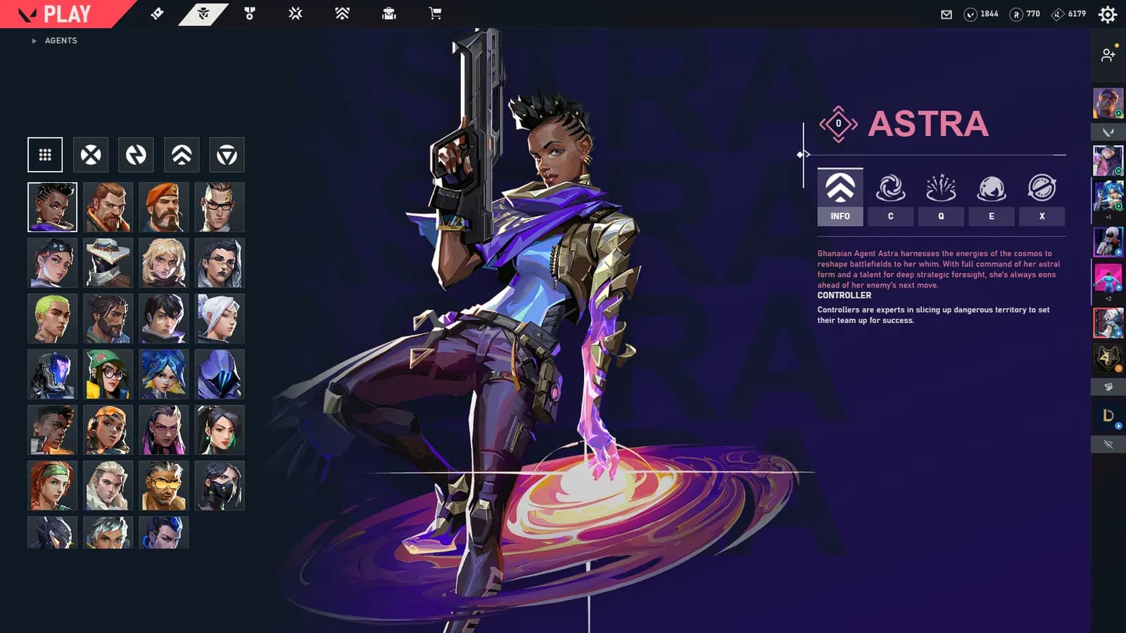 ValoShell agents page showing Astra and her abilities