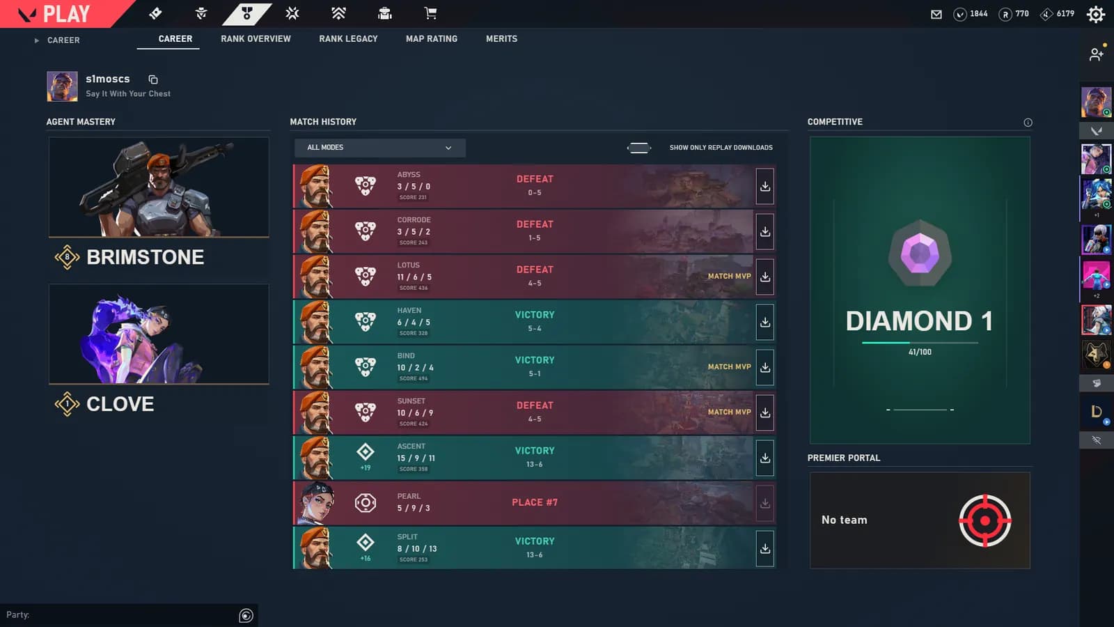 ValoShell career page with match history and the current rank