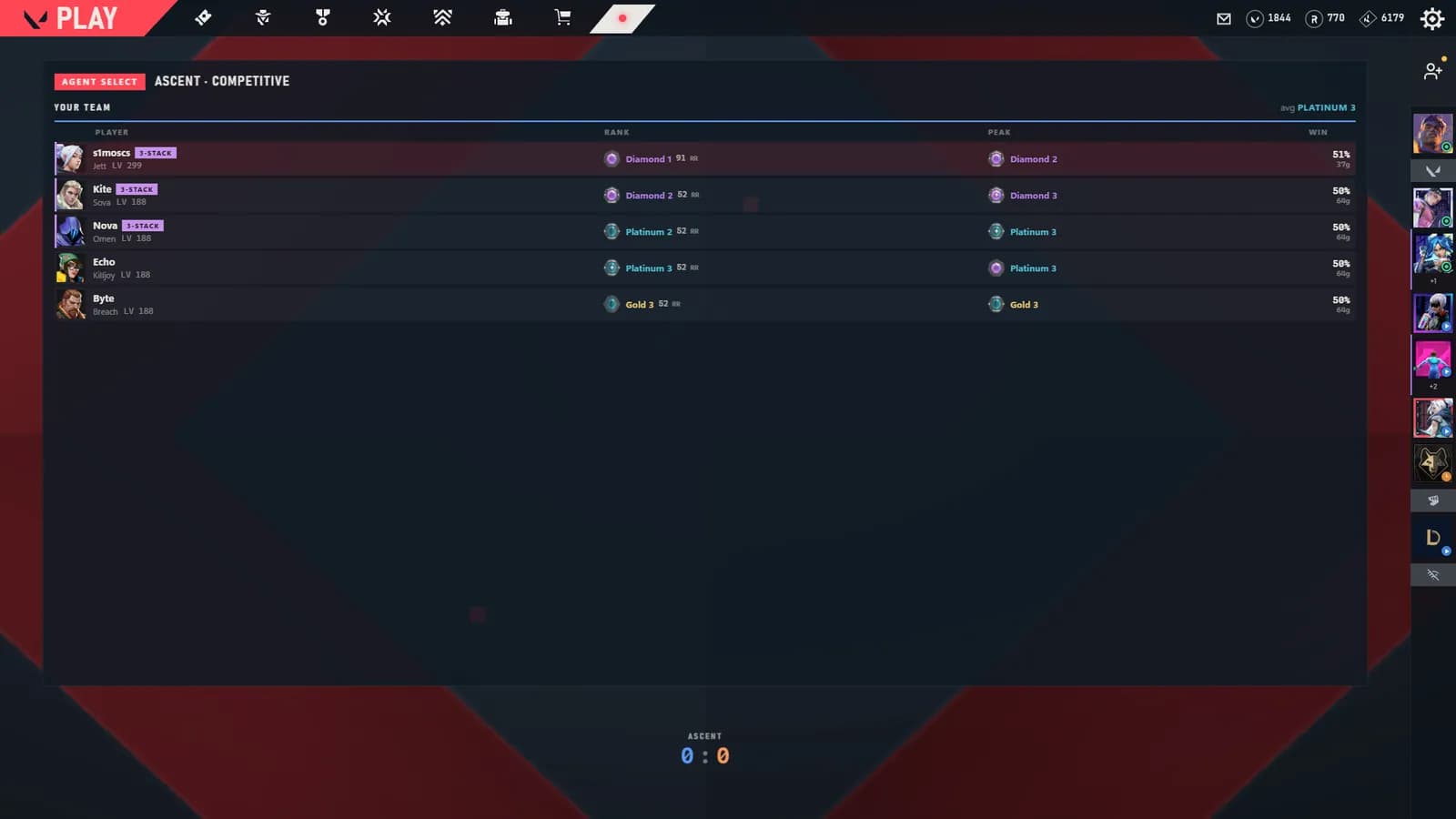 ValoShell live lobby table with ranks and party stacks