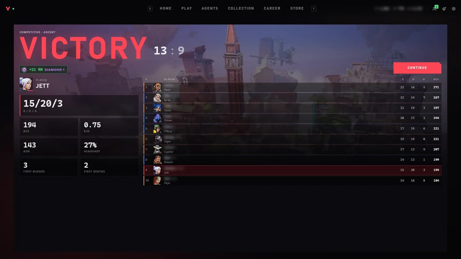 ValoShell post-match screen with a 13-9 victory scoreboard