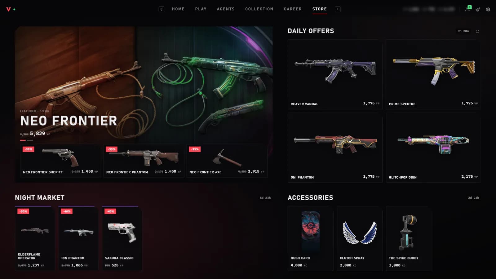 ValoShell store with daily offers, the featured bundle and the Night Market
