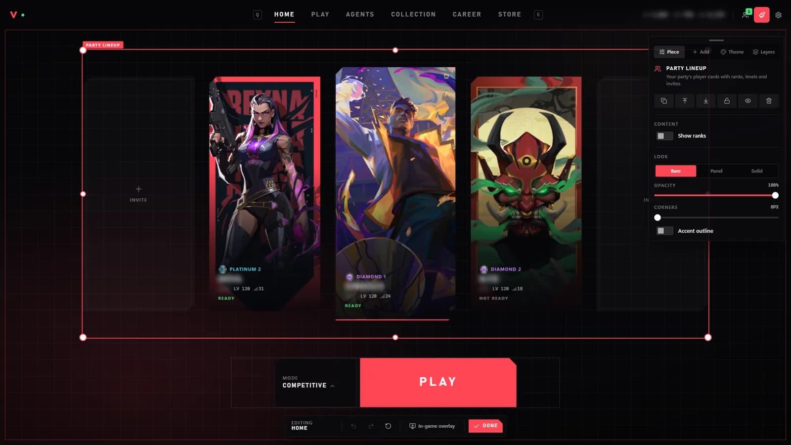The ValoShell Studio editing the party lineup, with the style inspector open